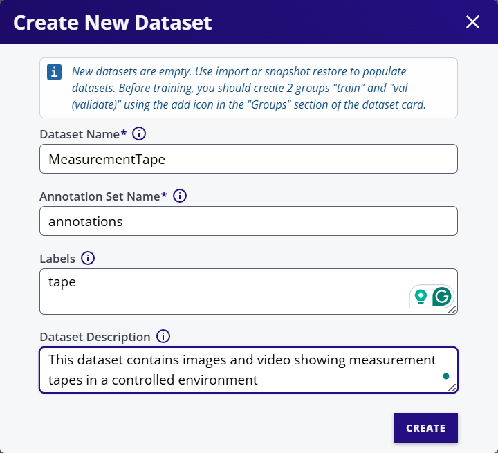Create New Dataset Dialog