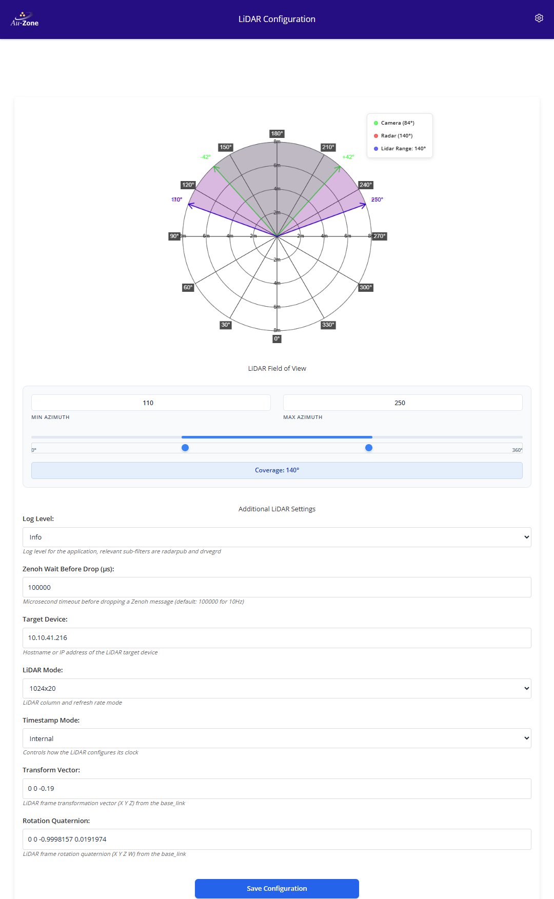 LiDAR Settings page