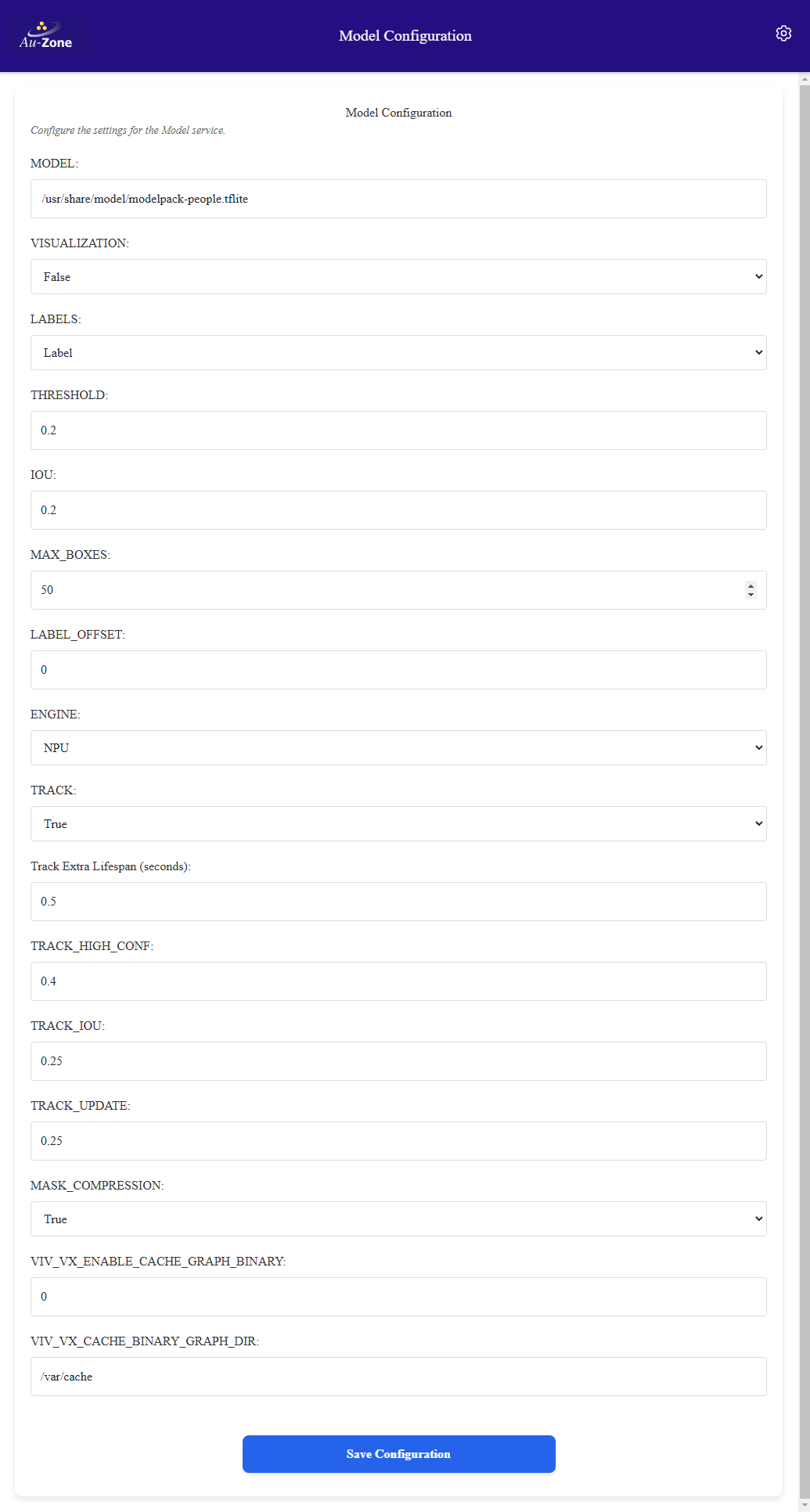 Model Settings page