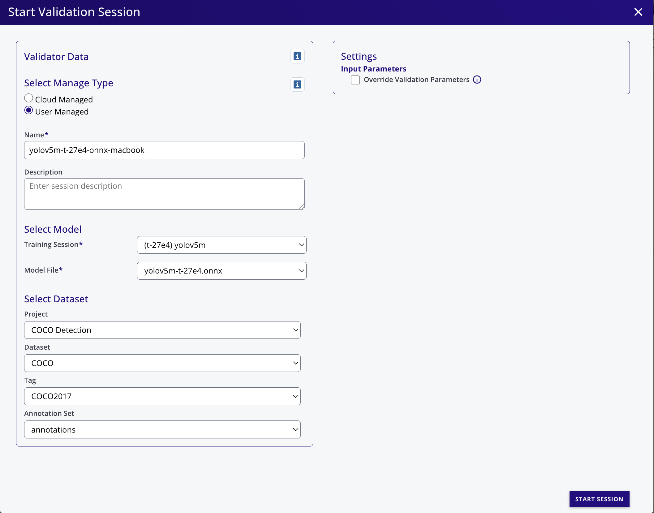 EdgeFirst Studio — creating a user-managed validation session