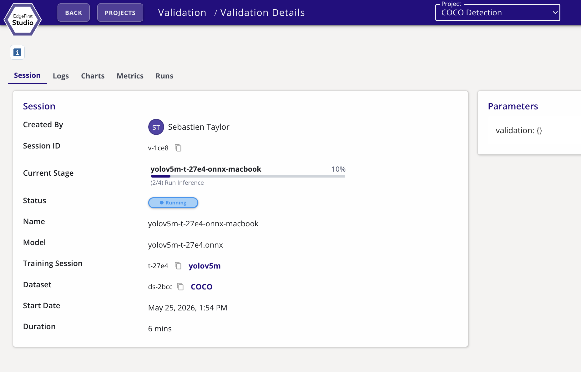 Validation session card showing progress while the profiler runs and the cloud validator finishes