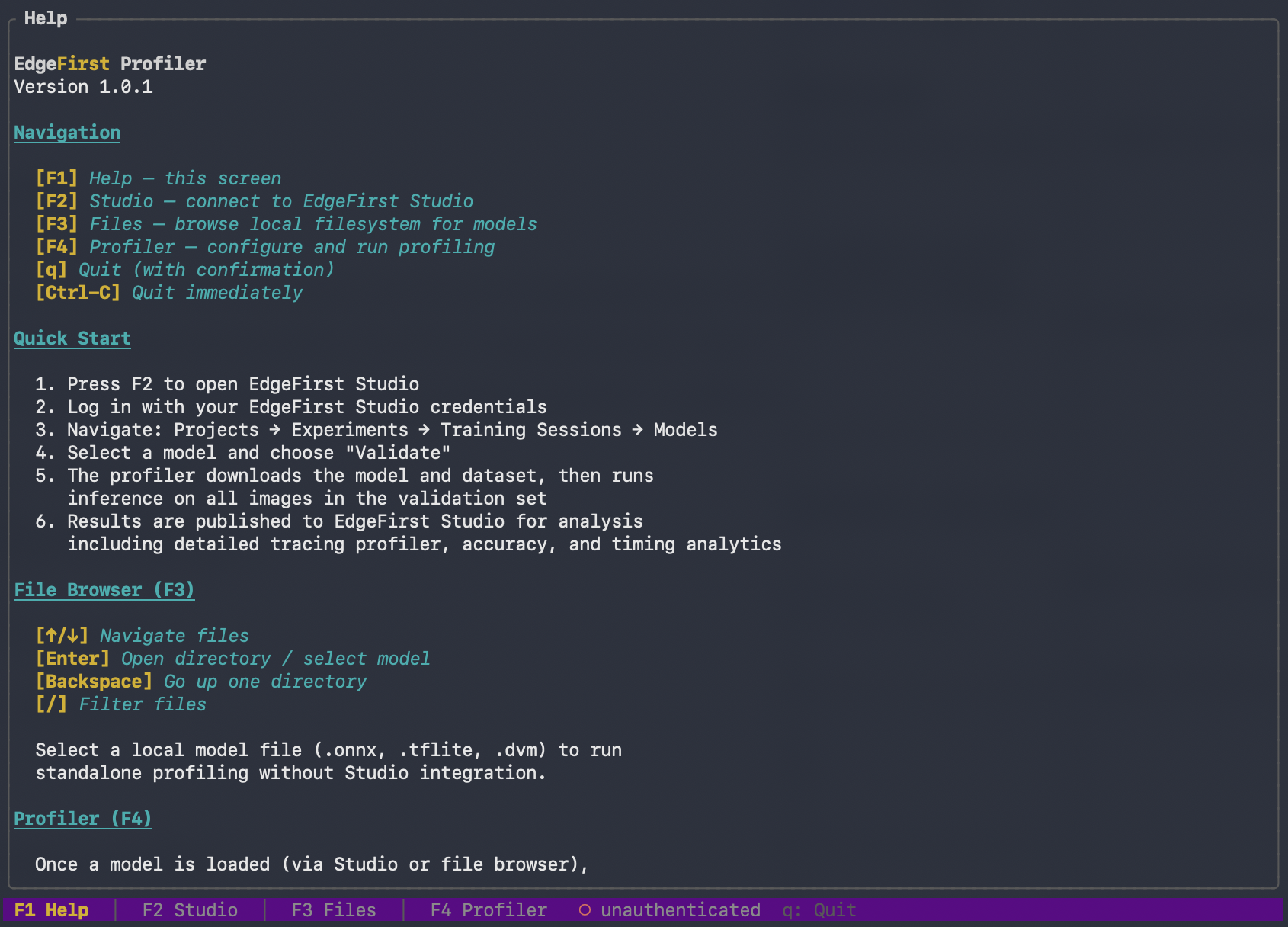 EdgeFirst Profiler — F1 Help screen, shown on launch