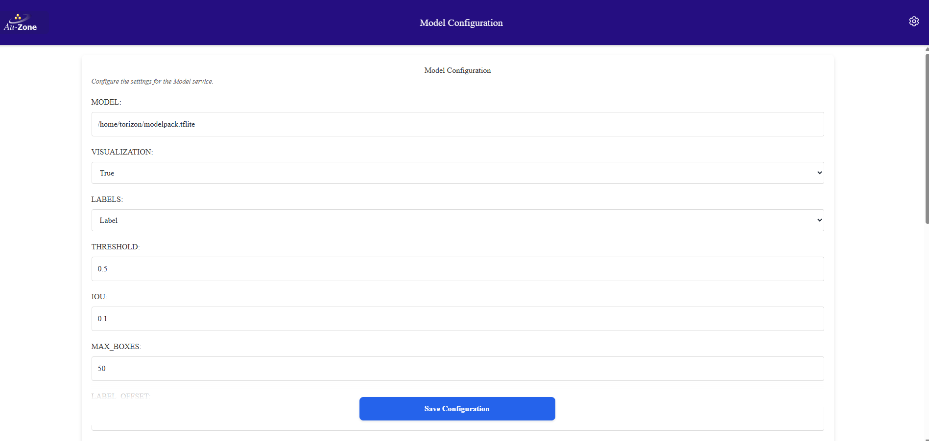 Model Configuration Page