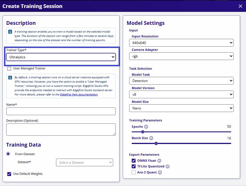 Select Ultralytics Training Framework