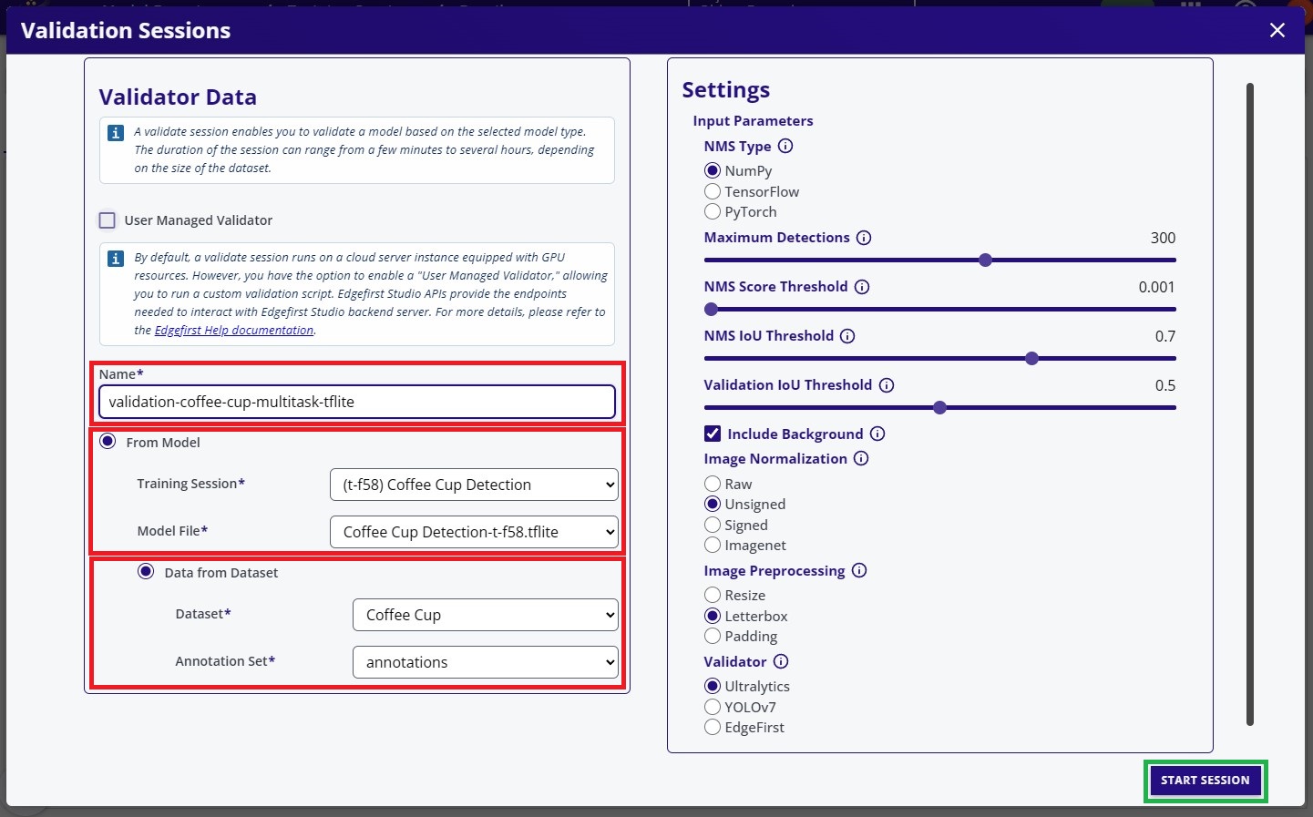 Start Validation Session