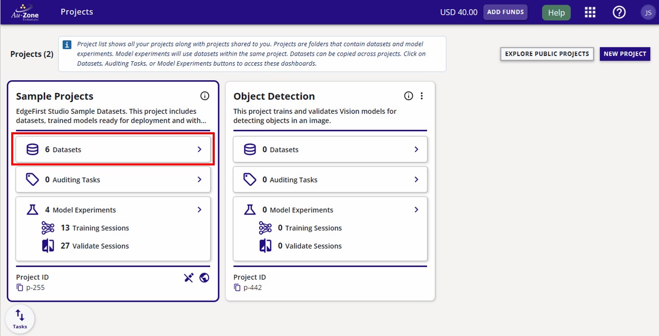 Sample Datasets Button