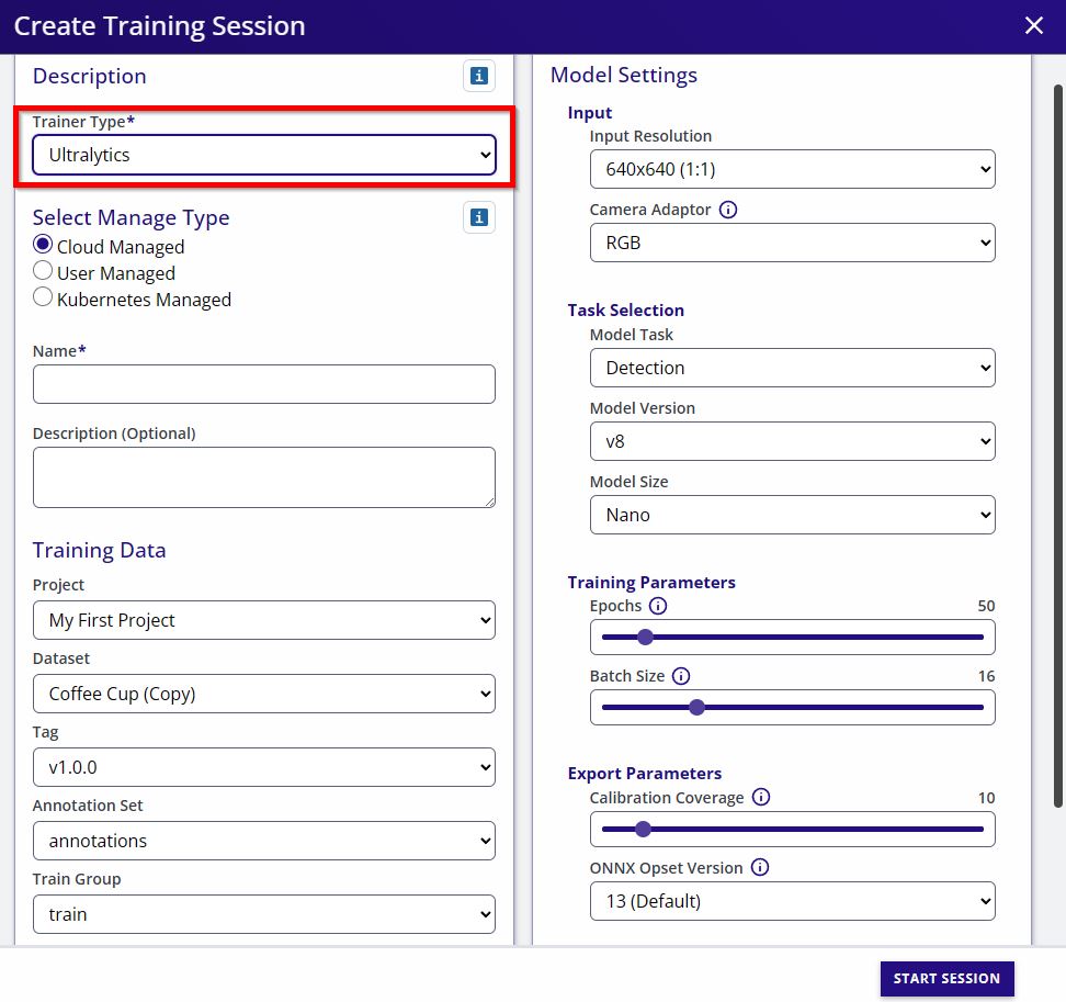 Select Ultralytics Training Framework