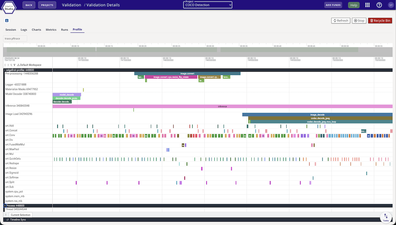 EdgeFirst Studio — trace viewer with pipeline stages, per-operator timing, and system metrics