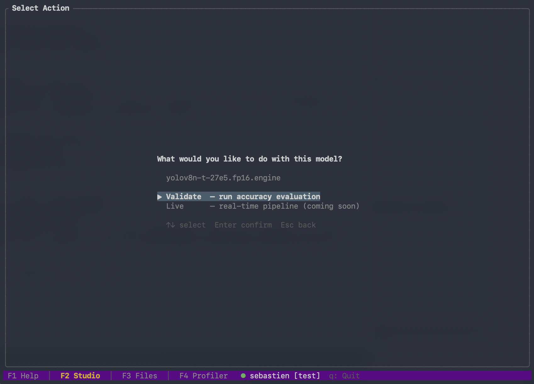 F2 Studio explorer — confirming a validate action against an artifact