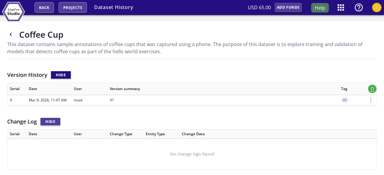 Dataset History Page